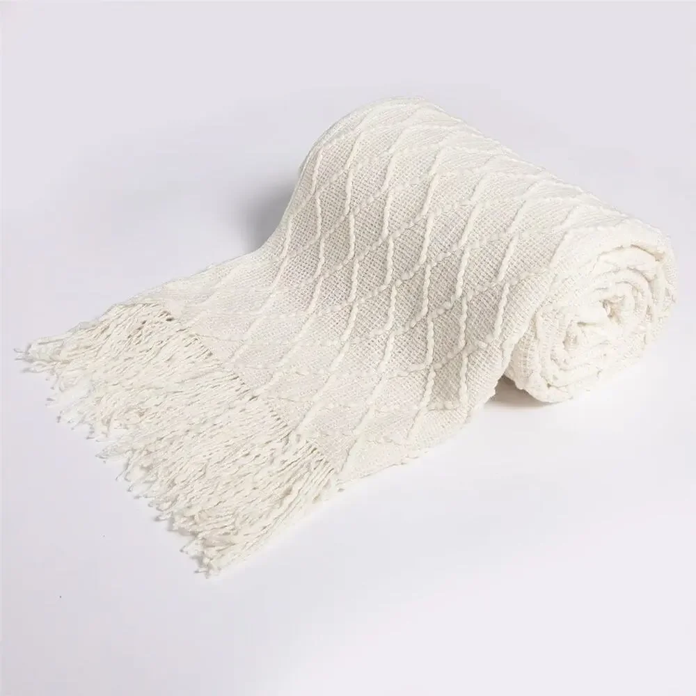 2 BEDSURE TARGET White Ivory Jacquard Weave Knitted Tassel Fringe Blanket Throw